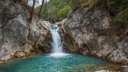 Waterfall cascading over rocky terrain into turquoise pool surrounded by lush greenery and steep cliffs in a serene natural setting.
