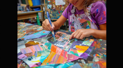 A young girl painting with a brush on a table covered in colorful abstract designs in an art studio