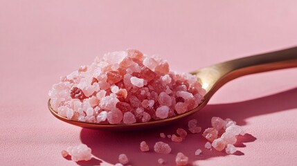 Golden spoon holding pink himalayan salt crystals on pink background