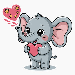 Cartoon elephant holding a heart with stars coming out of its trunk on a white background