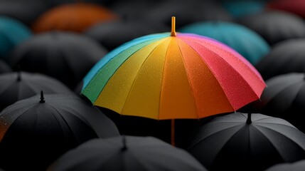 Multicolored umbrella standing out among black ones in rainy weather scene.