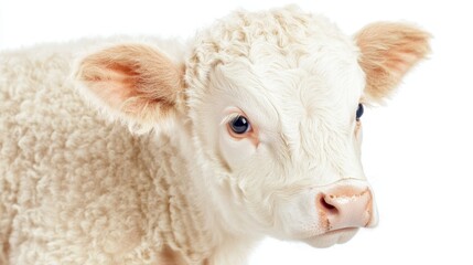 Fototapeta premium Adorable white baby calf with fluffy fur looking forward calmly indoors.