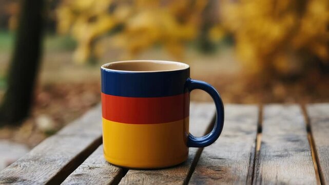 Mug with colorful stripes on wooden table in autumn setting