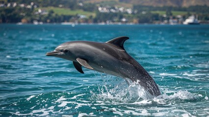 Obraz premium A dolphin jumping out of the ocean while on a marine wildlife excursion in a northern island region