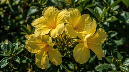 Bright yellow allamanda blossoms basking in early sunlight with smooth, wide petals and dark green, slightly pointed small leaves.