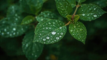 Selective focus on fresh water droplets clinging to leaves