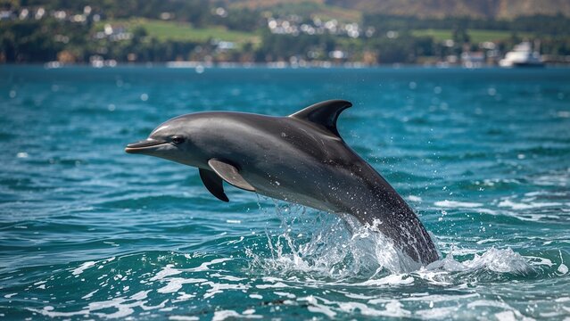A dolphin jumping out of the ocean while on a marine wildlife excursion in a northern island region