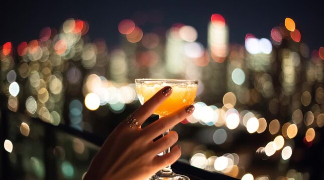 Handsome man enjoying a cocktail at a luxury rooftop bar at night, overlooking a glowing cityscape. Concept of success and urban nightlife