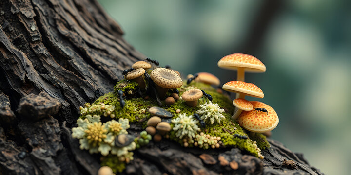 A close up of mushrooms and moss growing on a tree trunk with ants crawling on the mushrooms and moss