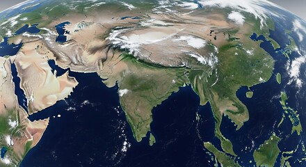 Satellite View of the Indian Subcontinent and Surrounding Regions, Showing Terrain, Coastlines, and Cloud Cover