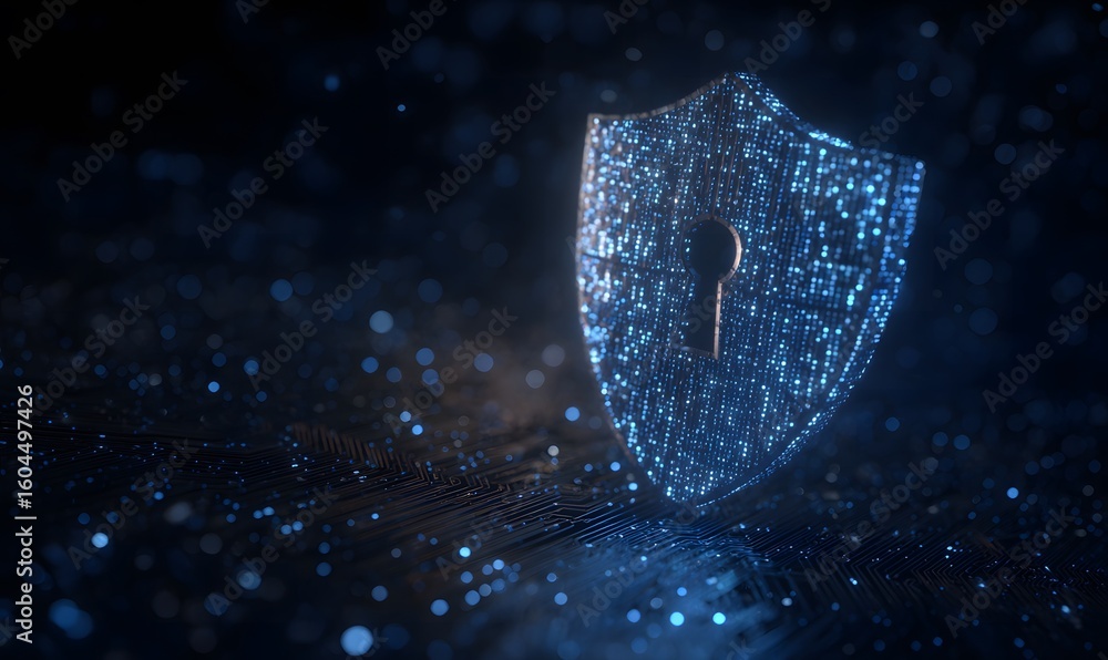 Poster digital shield with keyhole on circuit background
