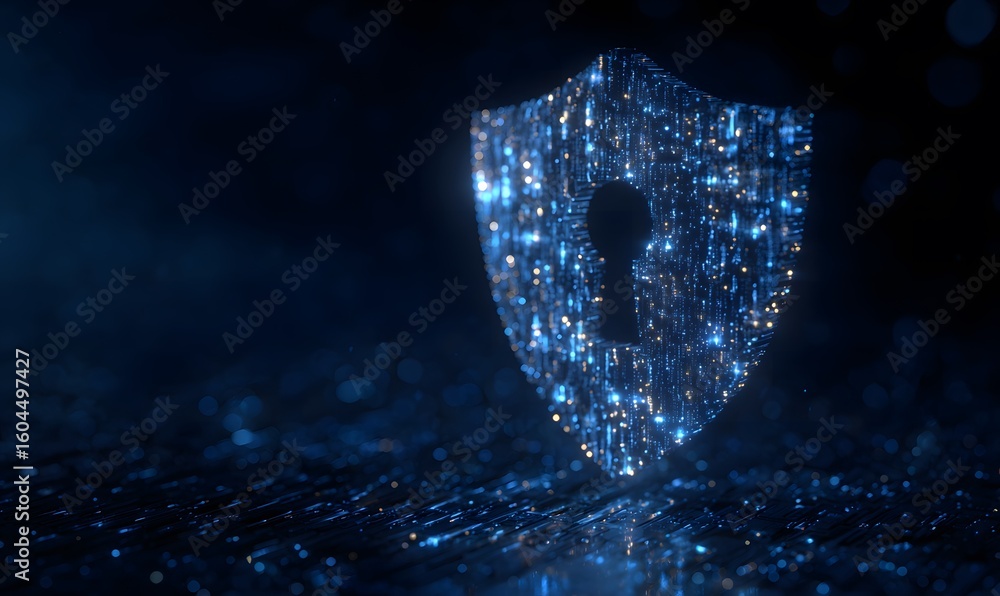 Poster digital shield with keyhole symbolizing cybersecurity