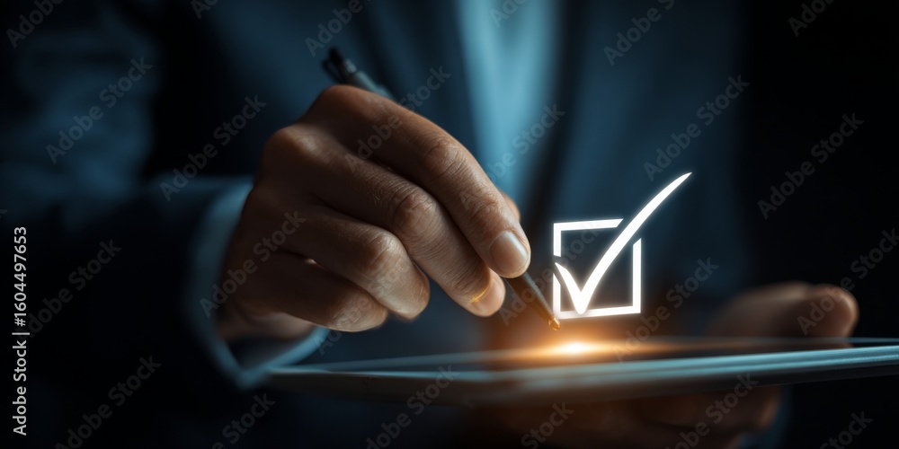 Poster professional man using tablet with digital interface and checkmark for business success and client s