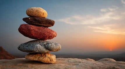 Balanced stack of colorful stones on rock outdoors at sunset in nature scene.