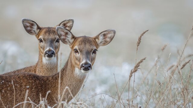 Side Profile of a Pair of White-tailed Deer in a Winter Landscape Staring at the Camera