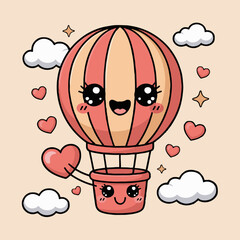 Cartoon hot air balloon with a happy face surrounded by hearts clouds and stars on a beige background