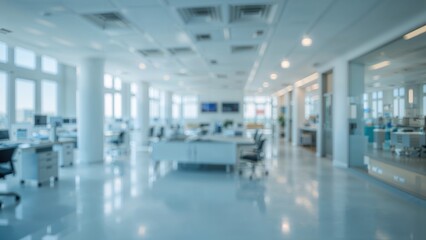Blurred blue-toned modern office space featuring a perspective table for displaying content or promotional items