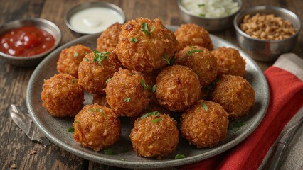 Crunchy onion pakoras accompanied by tomato ketchup, perfect for enjoying during wet weather