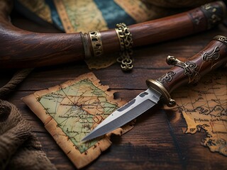 Close-up background of antique pirate map with dagger on ship deck showing realistic nautical exploration vibes