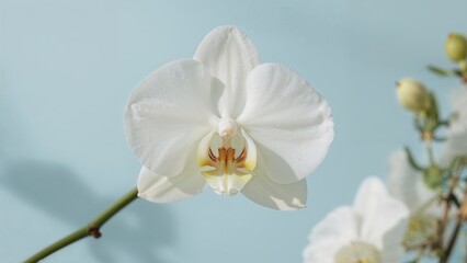 White phalaenopsis orchid flower with delicate petals and yellow center against a soft blue background in natural light, close-up view.