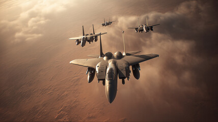 Fighter Jets Flying in Formation Over Sunset Sky