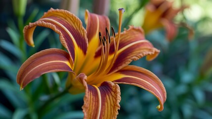 Vibrant orange and yellow daylily with detailed petals and stamen flower