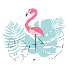 Minimalist flat design of a pink flamingo surrounded by tropical palm and monstera leaves. Ideal for summer decor, greeting cards, posters, and fashion prints.