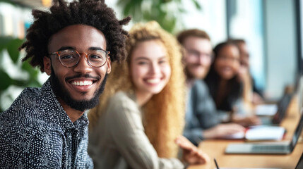 A diverse group of people sitting at a conference table, engaged in a discussion. The setting appears to be a modern office environment with a mix of casual and professional attire.