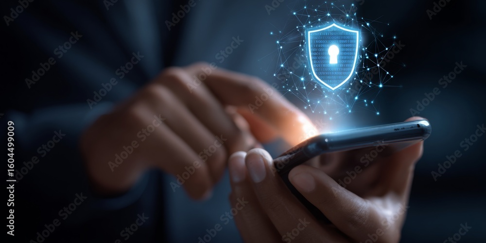 Poster businessman using smartphone to access ai security features with shield and padlock icon illustratin
