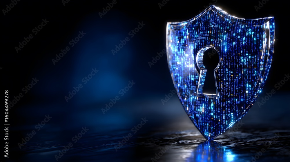 Poster digital shield with keyhole on dark background