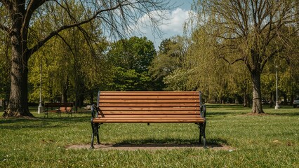 Wooden seating area in a green space