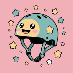 A cartoon helmet with a smiling face and stars on a pink background with a safety strap visible