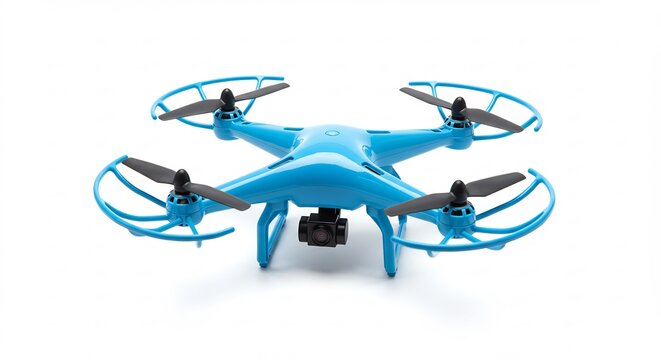 Drone bleu vif vole en studio lumiere douce. AI Generated