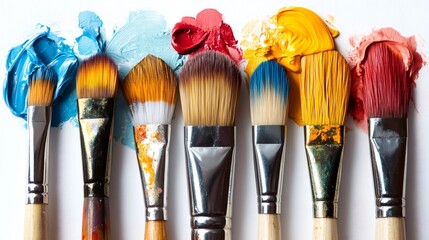 Paintbrushes with colorful oil paint strokes on white canvas