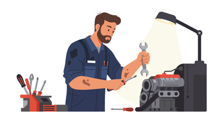 Mechanic Working on Engine with Tools and Lamp.