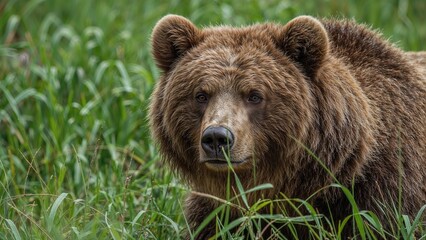 Fototapeta premium Forest-dwelling brown bear beside winding mountain route