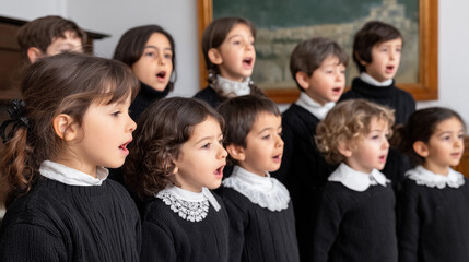 a group of children singing in a choir with their mouths open and their hands in the air, with a chalkboard in the background
