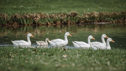Obraz premium Several white ducks waddling near the pond