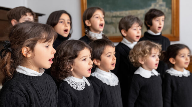 a group of children singing in a choir with their mouths open and their hands in the air, with a chalkboard in the background - Powered by Adobe
