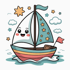 Cartoon sailboat with a smiling face on the sail and stars floating around on a white background
