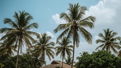 Fototapeta premium Coconut palms located behind the dwelling