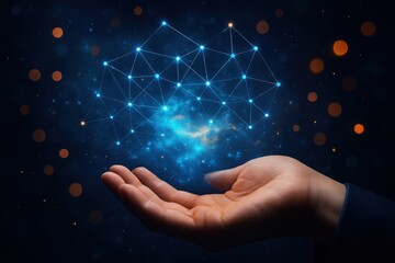 Human hand holding a glowing network of digital connections and light