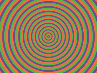Abstract hypnotic background with concentric circles in orange, green, and purple