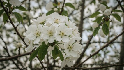 Springtime tree blooming with white petals