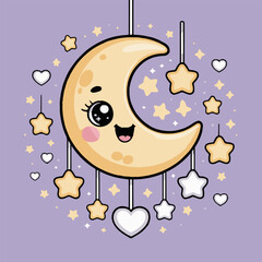 Cartoon crescent moon with cute face surrounded by stars and hearts on a purple background