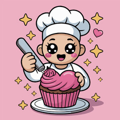 Cartoon chef decorating a cupcake with pink frosting and surrounded by yellow stars on pink background