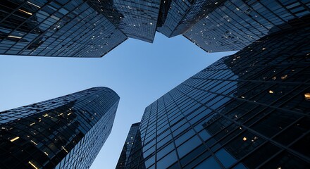 Towering Dark Skyscraper Buildings Against Pale Blue Sky Low Angle View