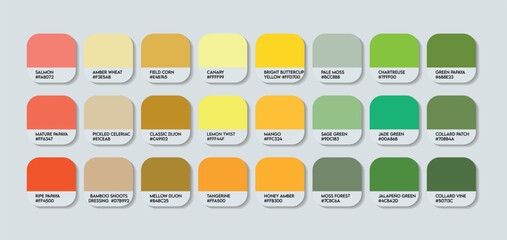 Tropical Forest Inspired Color Palette Chart with HEX Codes. A Blend of Fresh Greens, Warm Yellows, and Earthy Neutrals for Natural Design Projects. Fashion Trend Yellow Green Orange Color palette.