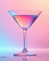 Martini glass with colorful gradient liquid and condensation drops. Summer party drink, refreshing beverage, and celebration concept.
