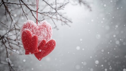 Fototapeta premium Conceptual love image showing a snow heart embraced by red mittens in a light snowfall, perfect for February 14 Valentine's greetings.